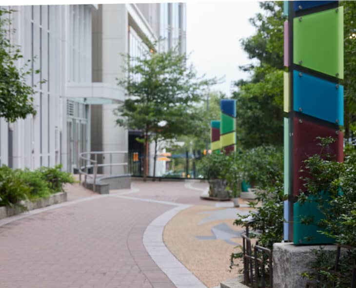 Recognizable pathway in downtown Charlotte with colorful modern art sculptures