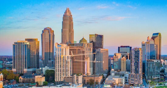 Aerial drone picture of Charlotte skyline with vibrant colors