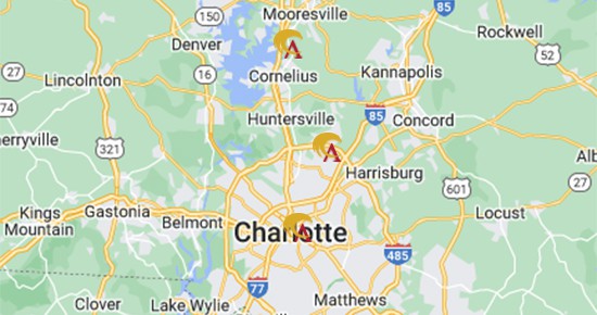 Charlotte area locations identified on a map by the Allegacy mark