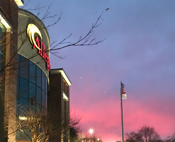 front of the Allegacy headquarters at dusk with logo sign lit up and pink sunset sky