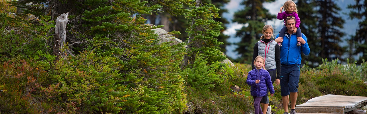 family walking on mountain trail