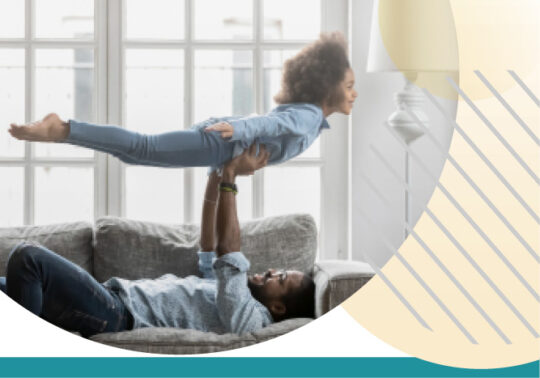 Dad lying on sofa, lifting girl in air, kid playing flying plane