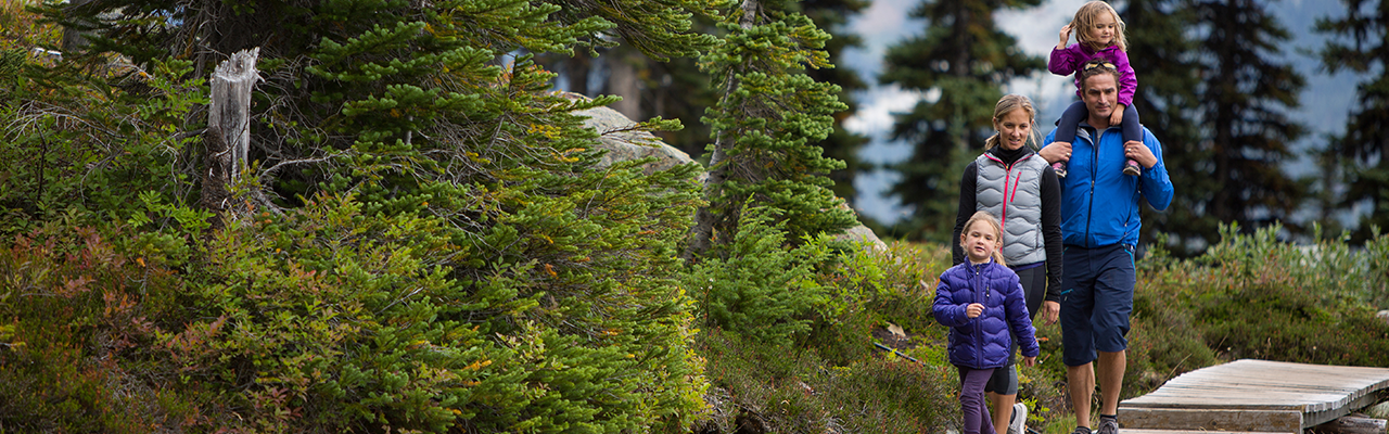 family walking on mountain trail
