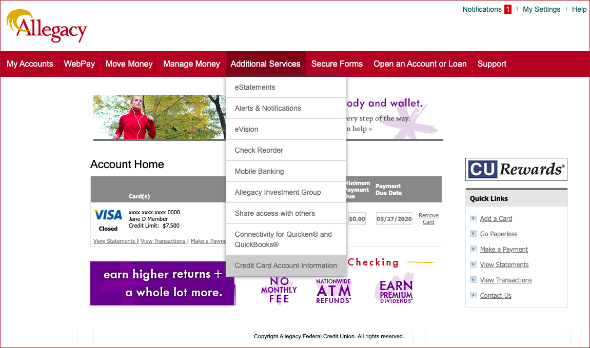 visual snapshot of menu in WebBanking